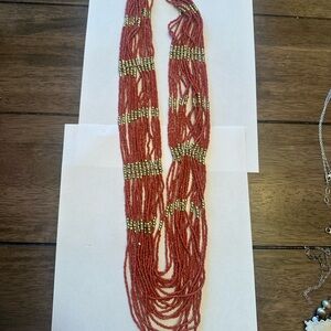 Boho Style Multistrand Red Seed Bead Necklace with Gold Accent